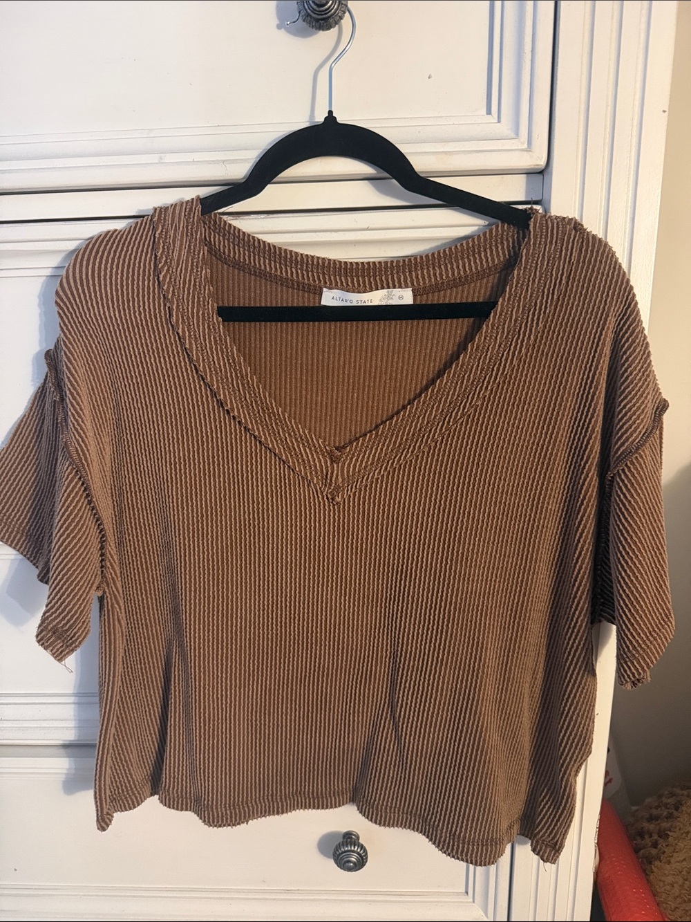 Altar’d State Elevated Ribbed V-Neck Top - Brown